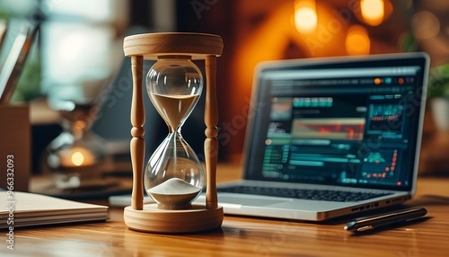 Warm-toned wooden hourglass alongside laptop, showcasing a blend of productivity and time management in a digital illustration with shallow depth of field