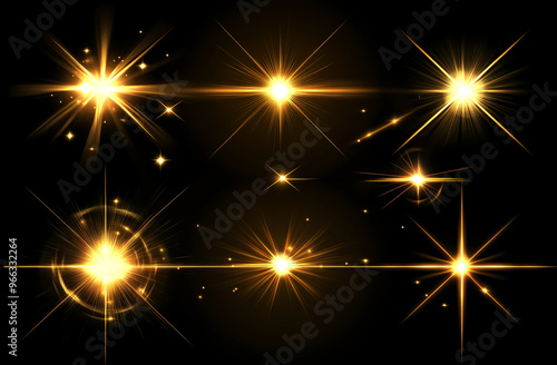 A set of glowing light rays, star-like lens flare effects with a glow and sparkles on a black background