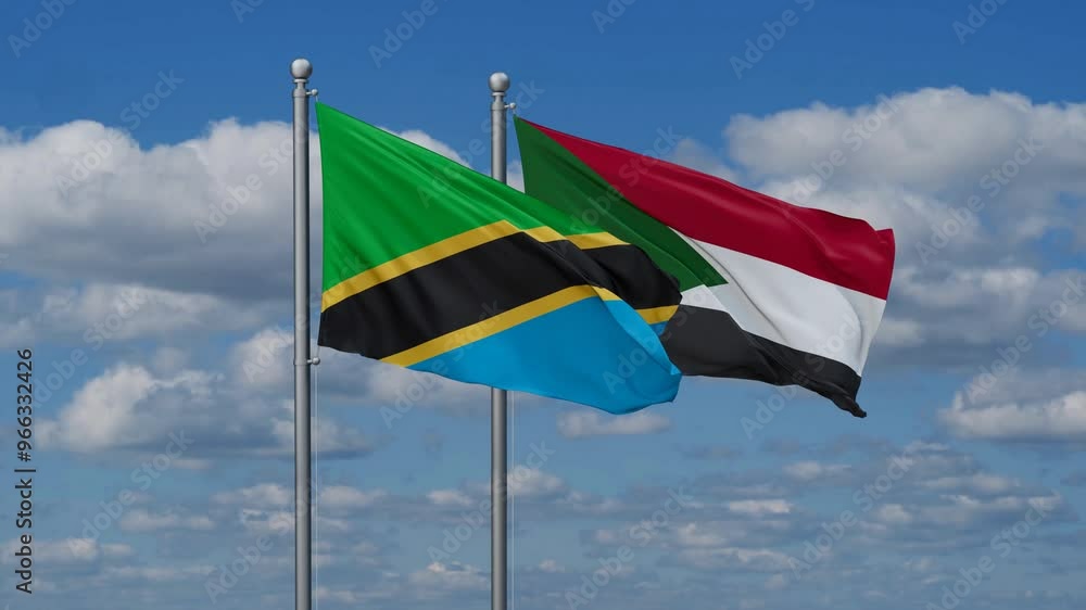 Sudan and Tanzania flags flying together, video concept of the relationship, two country cooperation concept Sudan and Tanzania flags flying together, video concept of the relationship, two country cooperation concept
