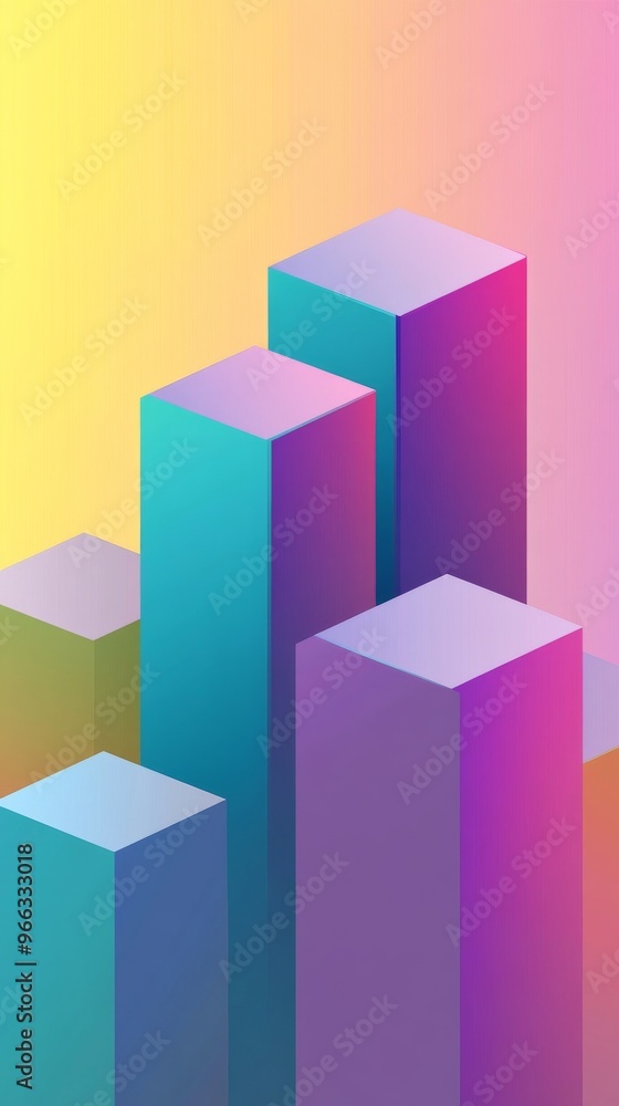 A colorful abstract composition featuring tall 3D blocks with gradient hues of pink, purple, yellow, and teal, set against a smooth gradient background. A colorful abstract composition featuring tall 3D blocks with gradient hues of pink, purple, yellow, and teal, set against a smooth gradient background.