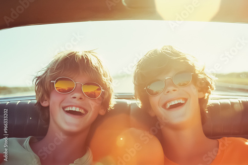Retro 70s snapshot of smiling teens wearing sunglasses on a road trip vacation during summer