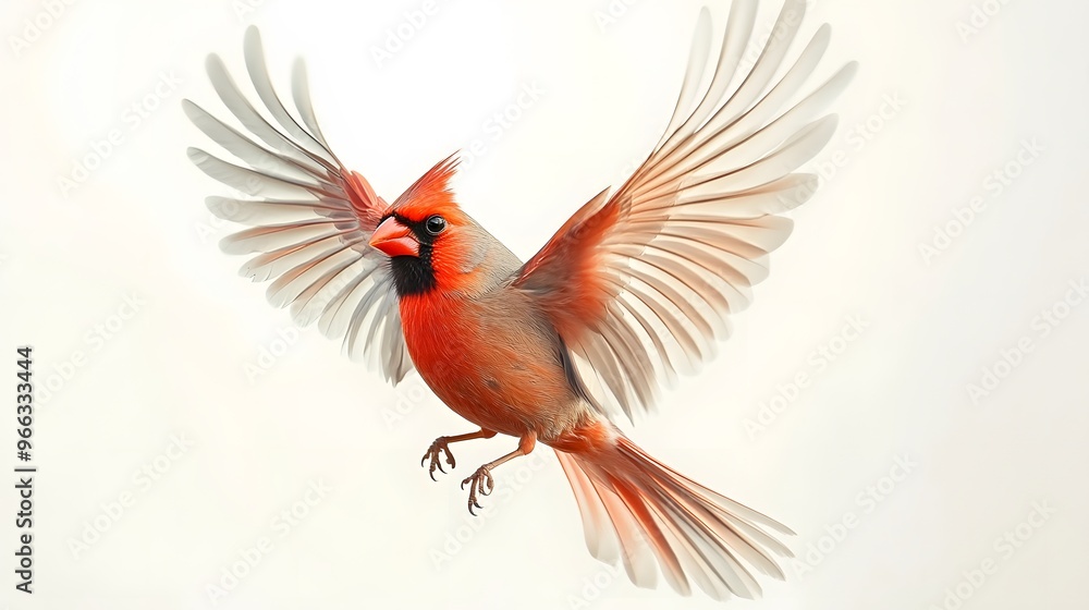 Fototapeta premium Northern Cardinal Bird Flying on White Background, Photo Realistic, Wallpaper, Cover and Screen for Smartphone, PC, Laptop, 9:16 and 16:9 Format