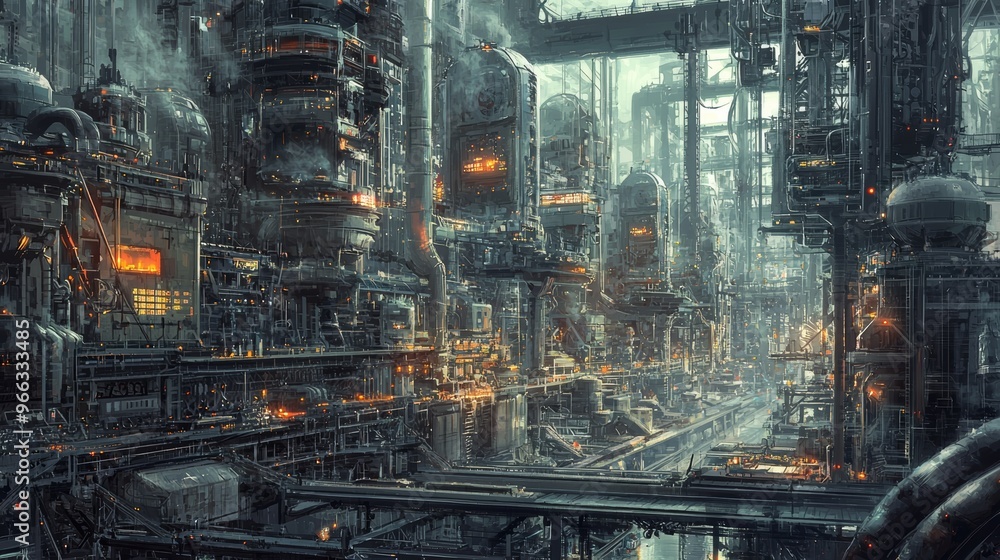 Futuristic Dystopian Cityscape Featuring Advanced Automated Factories and Airborne Vehicles Futuristic Dystopian Cityscape Featuring Advanced Automated Factories and Airborne Vehicles