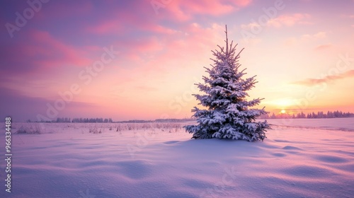 Tranquil Snowy Countryside at Sunset with Decorated Christmas Tree - Perfect for Holiday Posters