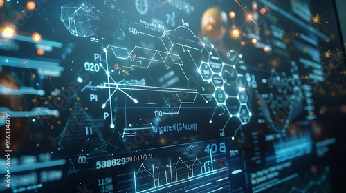 Transparent computer screen displaying detailed science formulas, close-up, high clarity. 32k, full ultra hd, high resolution photo