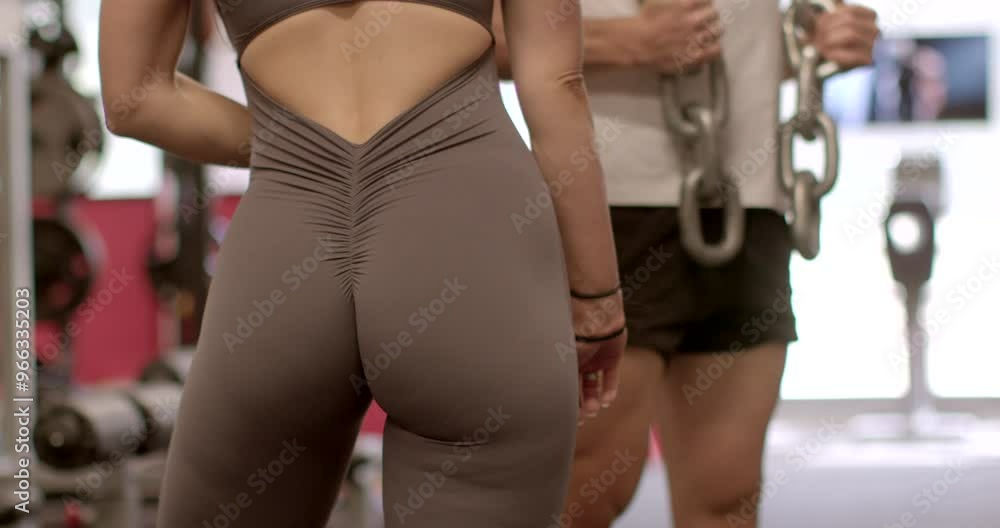 She is posing. Close-up of two enthusiasts working out in a modern gym, focus on their activewear and workout in the background is a trainer She is posing. Close-up of two enthusiasts working out in a modern gym, focus on their activewear and workout in the background is a trainer