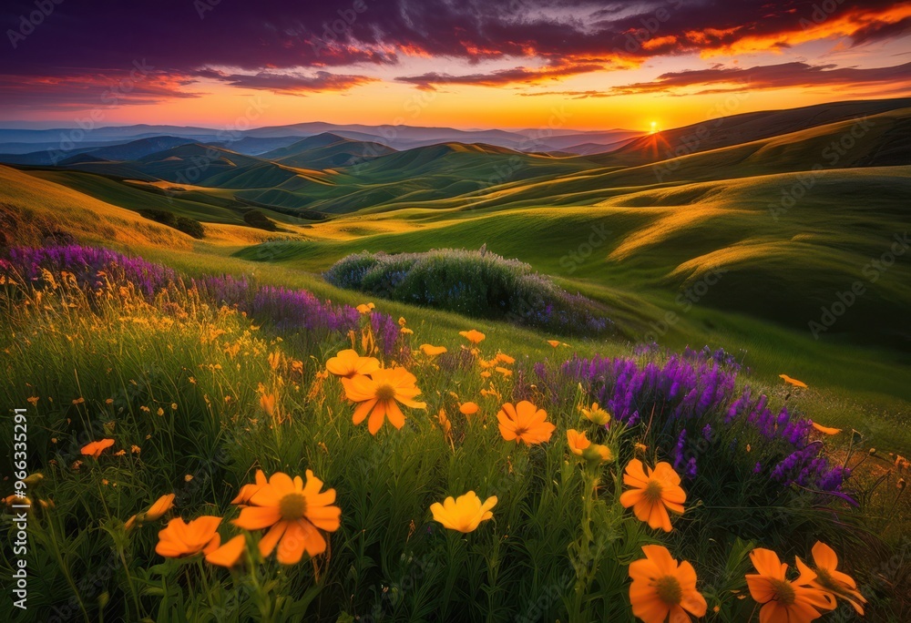 Obraz premium breathtaking sunset over vibrant green hills lush fields creating stunning natural landscape, nature, sky, clouds, evening, scenery, view, light, colors