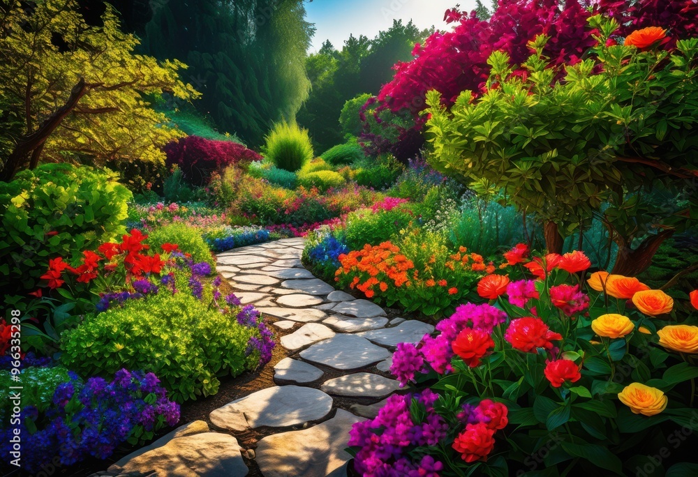 vibrant garden plots intricate stone paths surrounded lush greenery colorful flowers bloom, nature, landscape, design, outdoor, arrangement, plants, soil vibrant garden plots intricate stone paths surrounded lush greenery colorful flowers bloom, nature, landscape, design, outdoor, arrangement, plants, soil