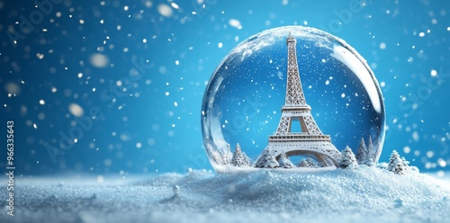 An Eiffel Tower with a Christmas tree in a glass bauble or ball. A concept for New Year's Eve celebrations in Paris, France.