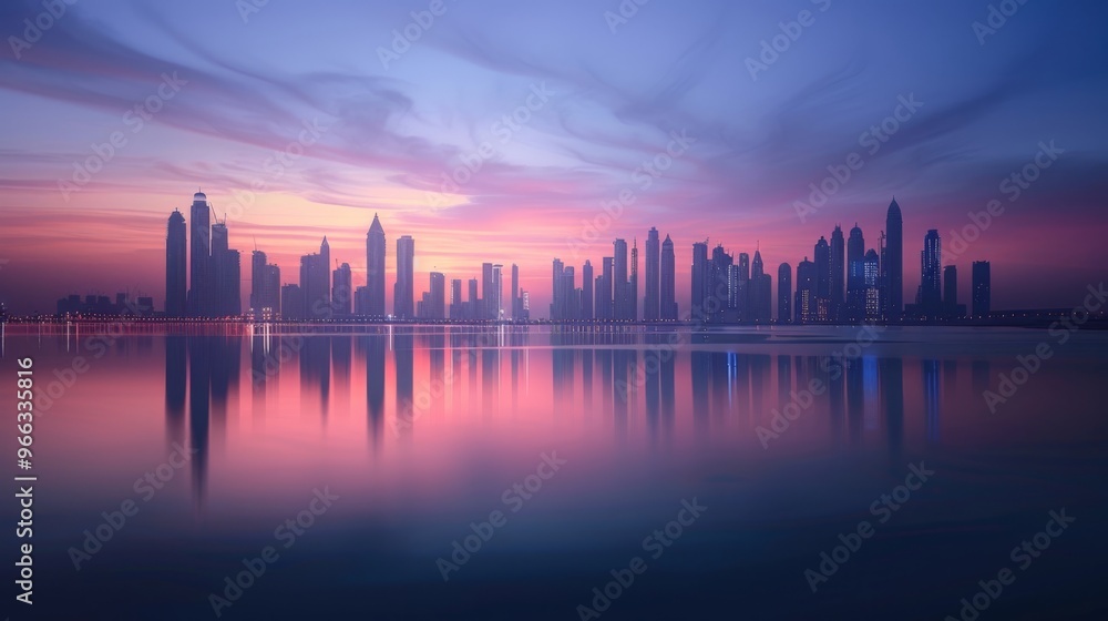 Fototapeta premium Stunning skyline reflection at dusk with vibrant colors and calm water in the foreground, showcasing modern architecture.