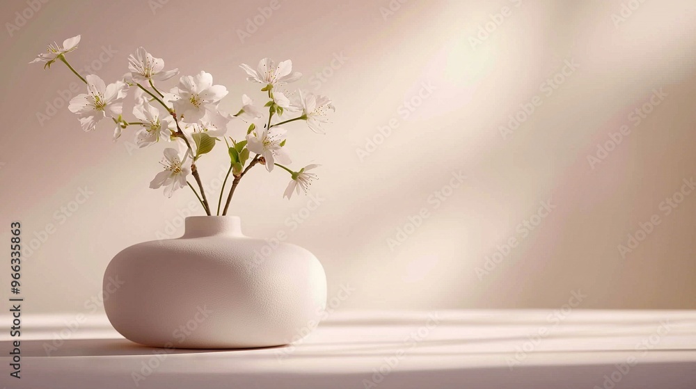 A white vase brimming with white blossoms sits atop a white table, flanked by a white wall on one side and a white backdrop on the other A white vase brimming with white blossoms sits atop a white table, flanked by a white wall on one side and a white backdrop on the other