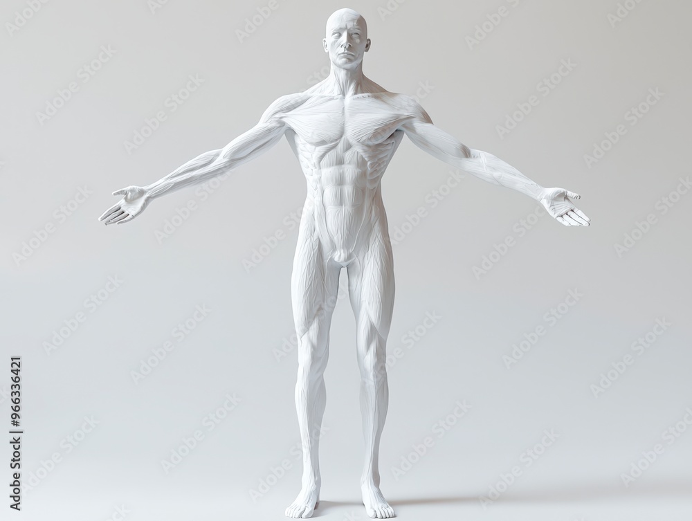 A meticulously crafted full body human figure in ceramic showcases intricate muscle details and striking pose. This artwork emphasizes anatomical precision and artistic expression. 