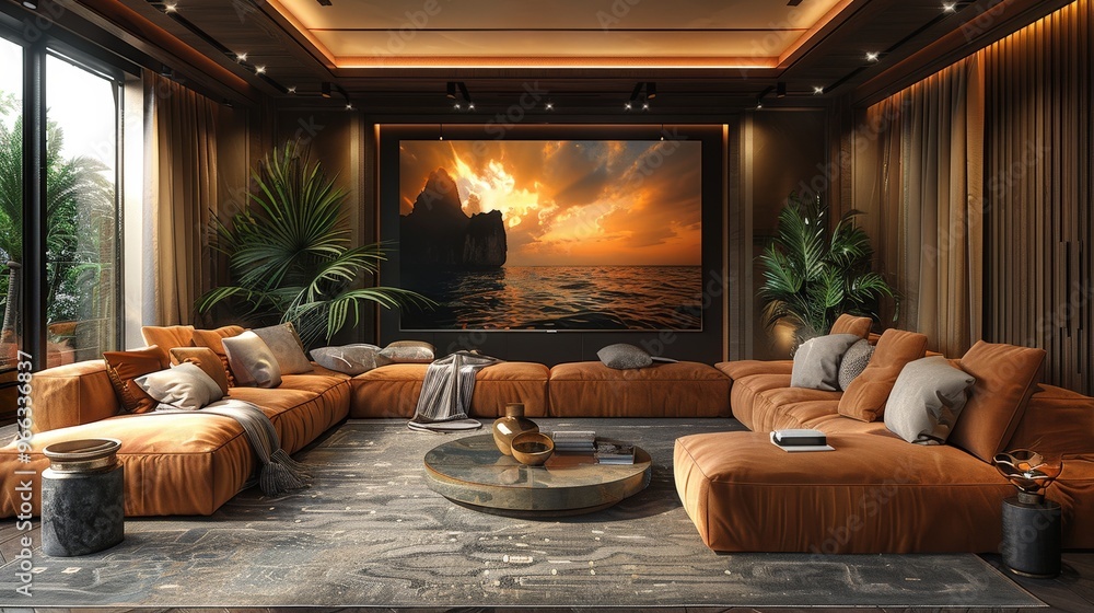 Fototapeta premium living room interior design with an orange comfortable sofa set
