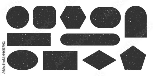 Different Geometric frames with scratched texture. Grainy textured Black shapes stickers. Icon Tag Label Stamp Box element. Rectangle Oval Square Triangle rhombus Border for Design