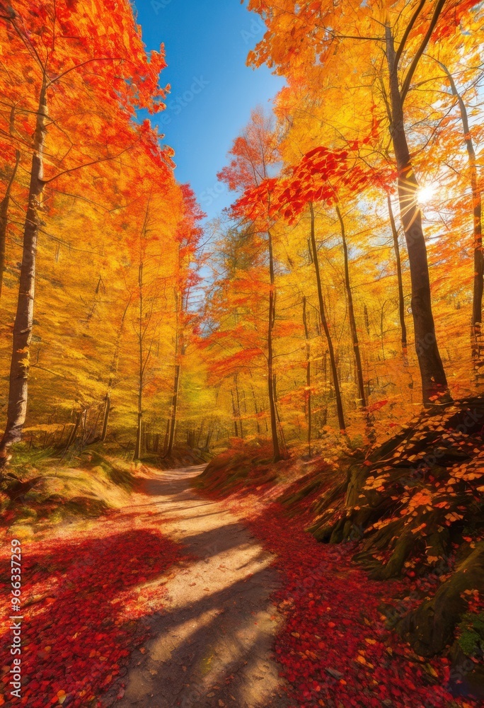 Obraz premium vibrant autumn foliage blanketing serene forest trails rich colors textures under clear blue sky, leaves, trees, nature, scenery, landscape, season, beauty
