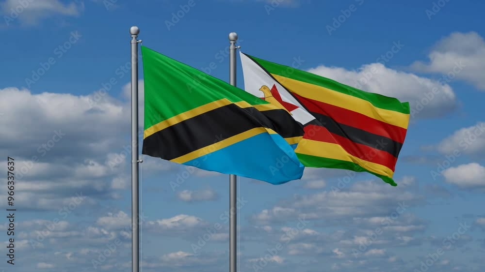 Zimbabwe and Tanzania flags flying together, video concept of the relationship, two country cooperation concept Zimbabwe and Tanzania flags flying together, video concept of the relationship, two country cooperation concept