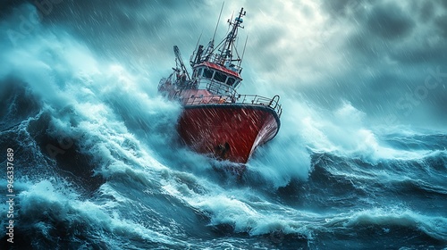 Wallpaper Mural A red ship battles a stormy sea with large waves crashing around it. Torontodigital.ca