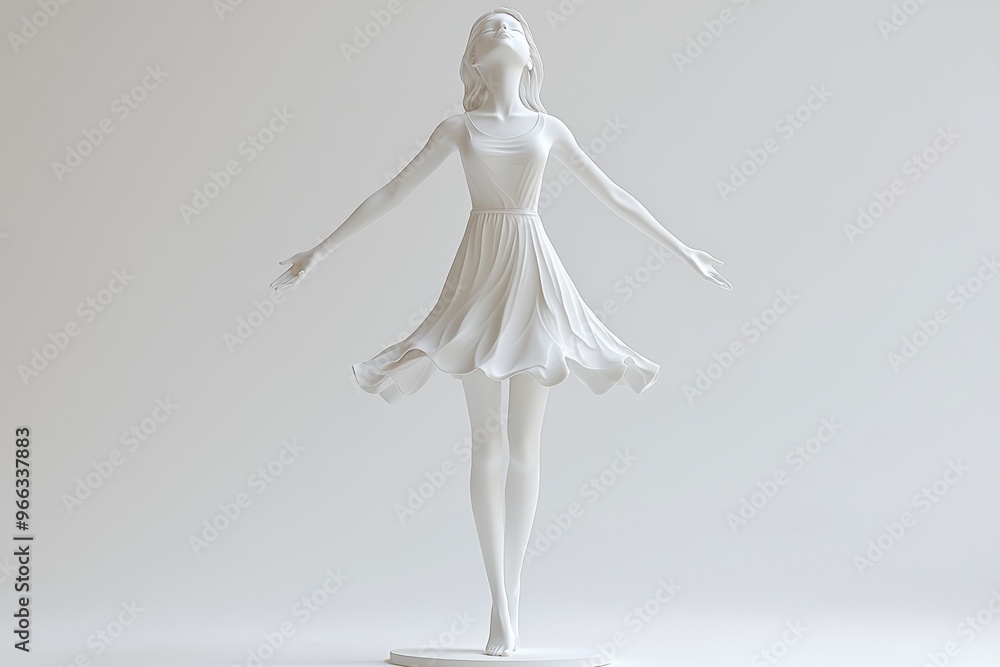 Fototapeta premium A graceful ceramic figure of girl in flowing dress, captured in moment of joy and freedom. clean design showcases accurate 3D modeling, emphasizing elegance and simplicity. 