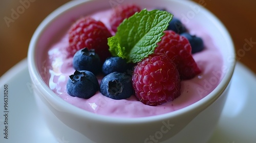  A yogurt bowl with raspberries, blueberries, and mint leaves on a white plate