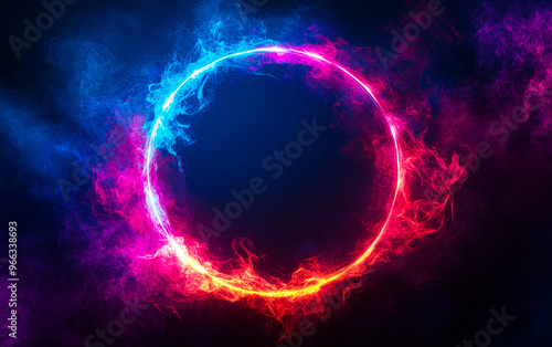 Abstract neon glowing circle of flames on a black background.