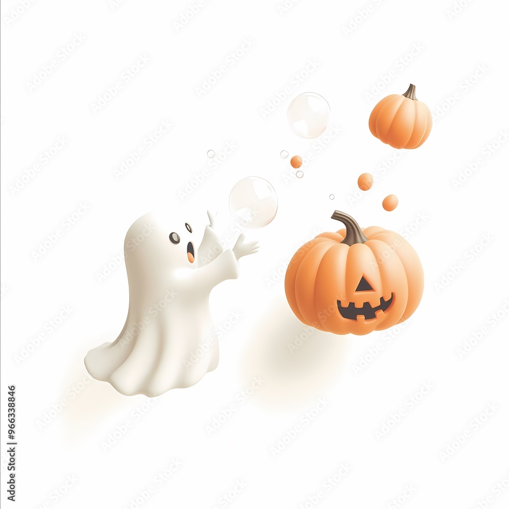 Spooky Bubbles & Pumpkin Fun: A playful ghost blows bubbles around a cheerful jack-o'-lantern, capturing the whimsy of Halloween in a vibrant, 3D illustration. Spooky Bubbles & Pumpkin Fun: A playful ghost blows bubbles around a cheerful jack-o'-lantern, capturing the whimsy of Halloween in a vibrant, 3D illustration.