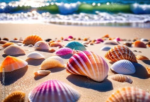 colorful seashells displayed pristine sandy beach under bright sunlight gentle waves background, coastline, ocean, shore, water, tide, tropical, summer photo