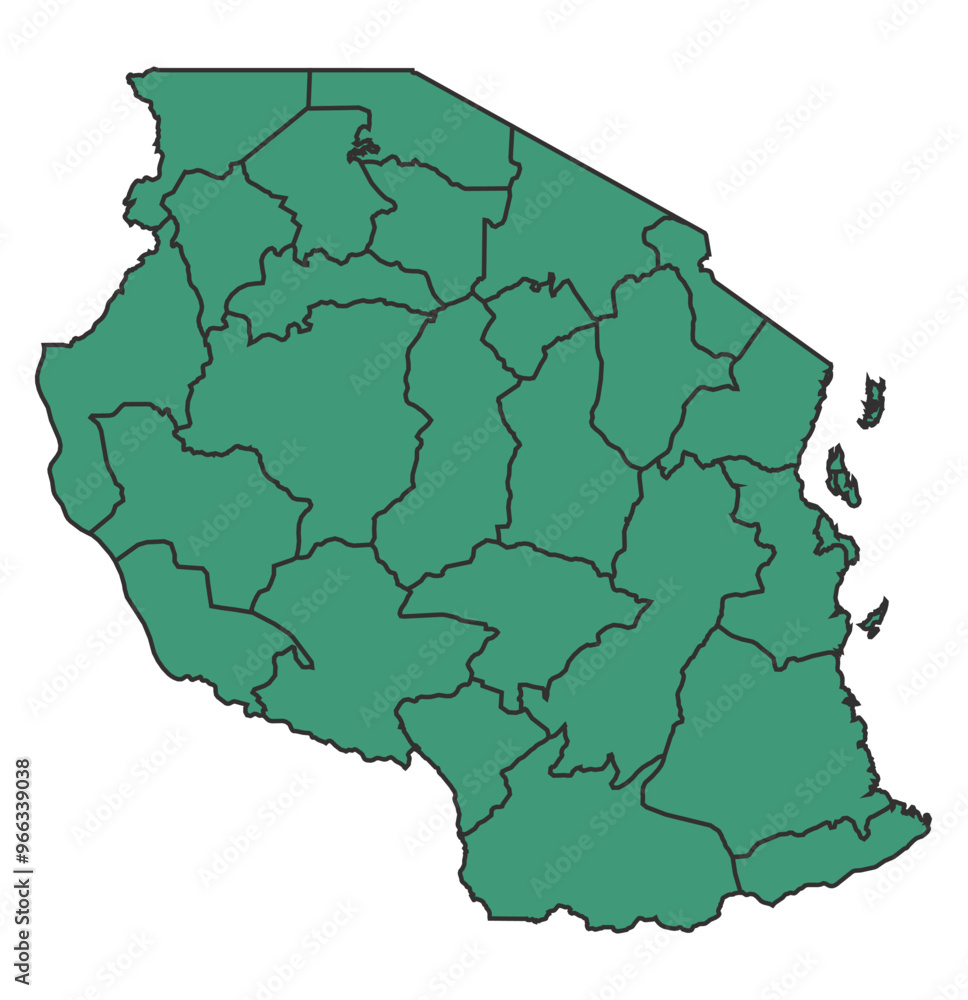 Obraz premium Green Tanzania simple map with states border outline vector