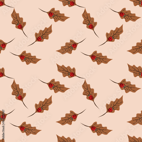 Repeating Autumn Leaves and Lady Birds Pattern on Light Beige Background for Nature-Inspired Designs seamless pattern vector illustration for wallpaper, textiles, fabric and designer packaging.
