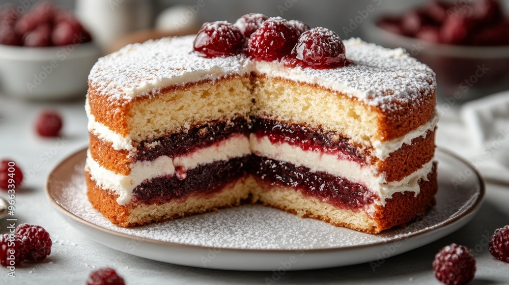 Raspberry Cake Slice with Cream and Jam Layers Generative AI Raspberry Cake Slice with Cream and Jam Layers Generative AI