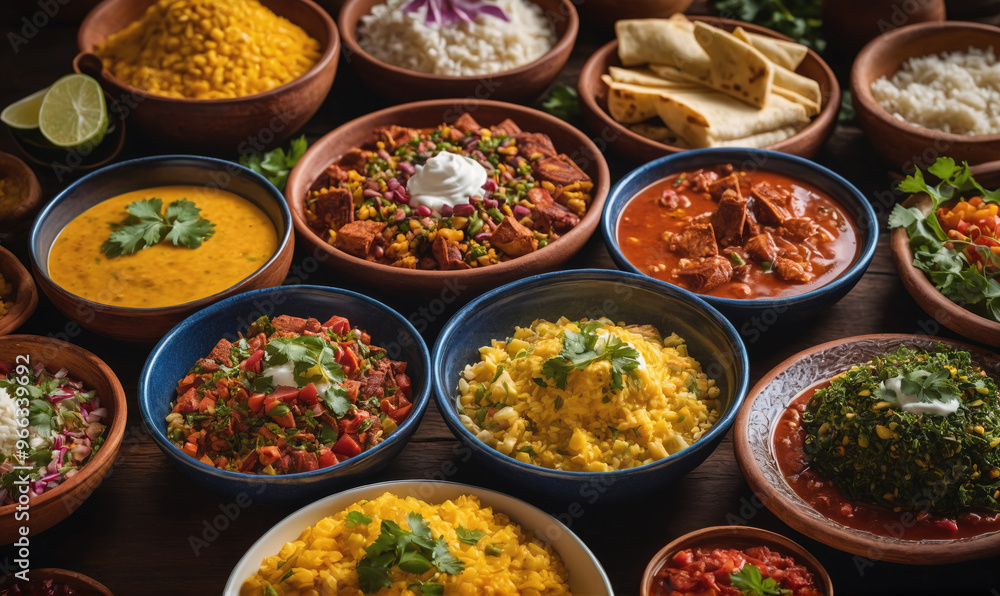 A table spread with a variety of Indian dishes, including rice, curries, and lentils, ready for a delicious meal A table spread with a variety of Indian dishes, including rice, curries, and lentils, ready for a delicious meal