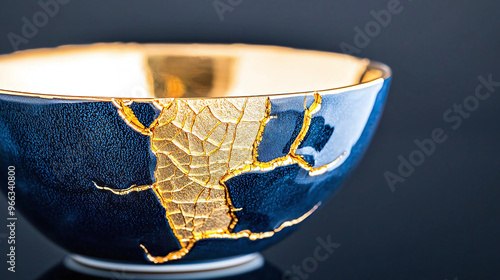 close-up shot of a beautifully repaired ceramic bowl using the Kintsugi technique, highlighting the golden cracks that emphasize the object’s fragility and strength photo