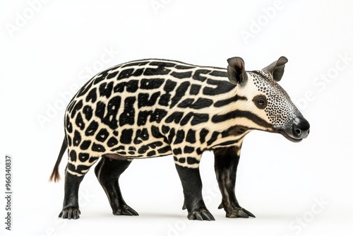 Baird's tapir showcases a fascinating pattern of black and white markings, standing confidently with its unique long snout and sturdy legs on a clean, white background. photo