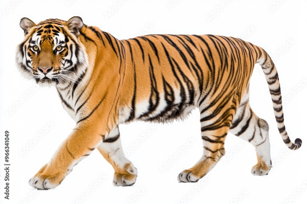 Fototapeta premium striking Bengal tiger moves gracefully, displaying its vibrant orange and black stripes. The isolation enhances its natural beauty, capturing attention with every step.