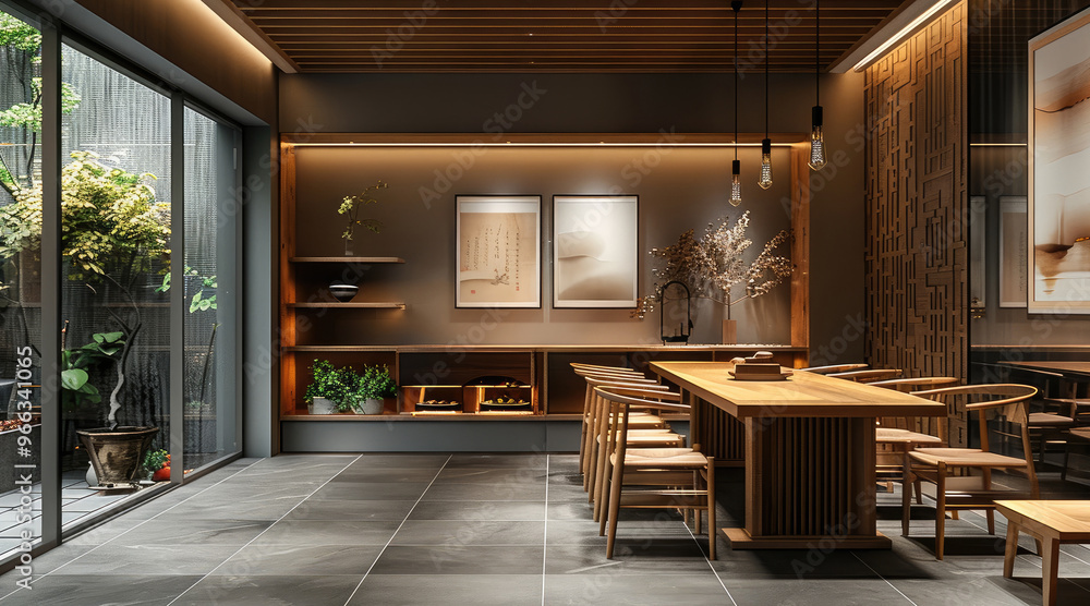 A simple and elegant tea room, with a long wooden table and chairs on both sides of the wall. warm lighting hanging from the ceiling and the dark gray floor tiles create a modern and cozy atmosphere. A simple and elegant tea room, with a long wooden table and chairs on both sides of the wall. warm lighting hanging from the ceiling and the dark gray floor tiles create a modern and cozy atmosphere.