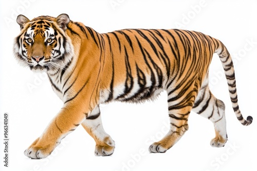 striking Bengal tiger moves gracefully, displaying its vibrant orange and black stripes. The isolation enhances its natural beauty, capturing attention with every step.