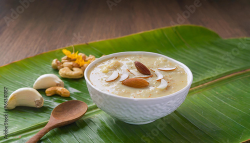 South Indian desert payasam served in a white bowl 