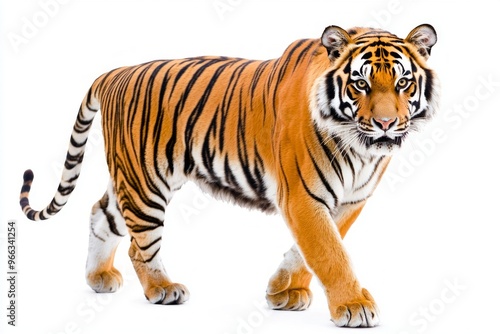 Bengal tiger moves gracefully forward, its vibrant orange and bold black stripes accentuating its powerful presence against the stark white backdrop, embodying wild beauty.