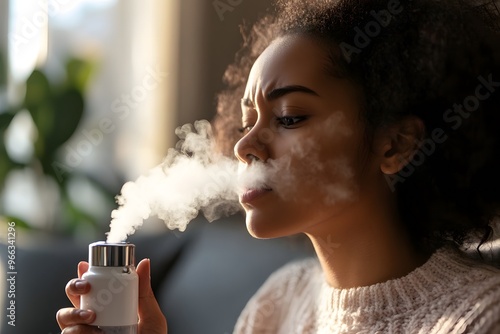 A woman uses a modern steam inhaler to ease her breathing