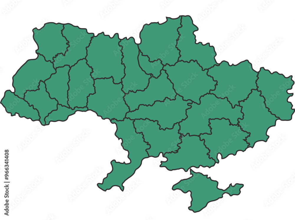 Green Ukraine simple map with states border outline vector