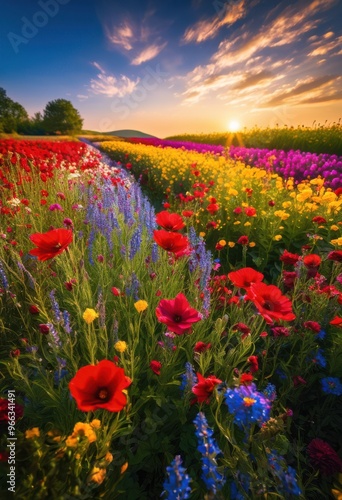 vibrant floral fields under clear azure sky colorful blooms lush greenery, flowers, petals, colors, sunlight, meadows, landscape, nature, garden, summer