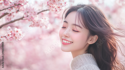 Young japanese woman in the park full of cherry tree walk and smile