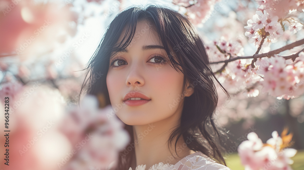high key dreamed portrait of japanese woman behind cherry tree high key dreamed portrait of japanese woman behind cherry tree