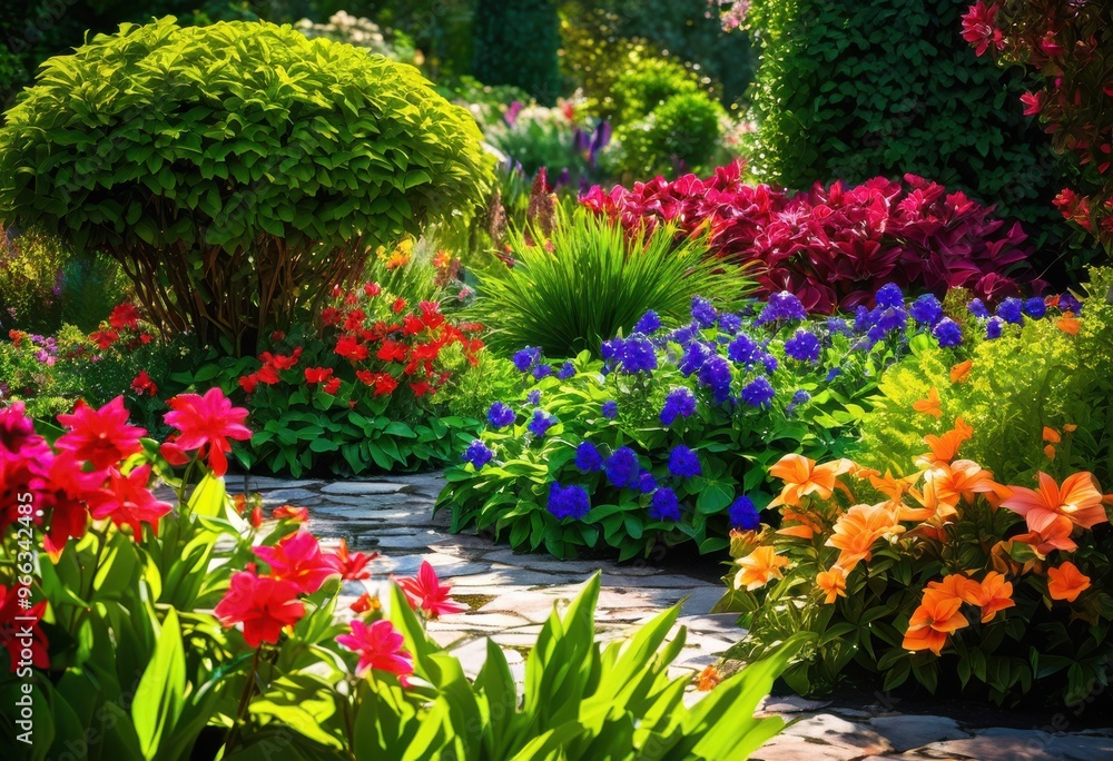 Naklejka premium vibrant garden layouts showcasing striking plant combinations lush colorful artistic arrangements stunning outdoor space, aesthetic, appeal, backyard, bed
