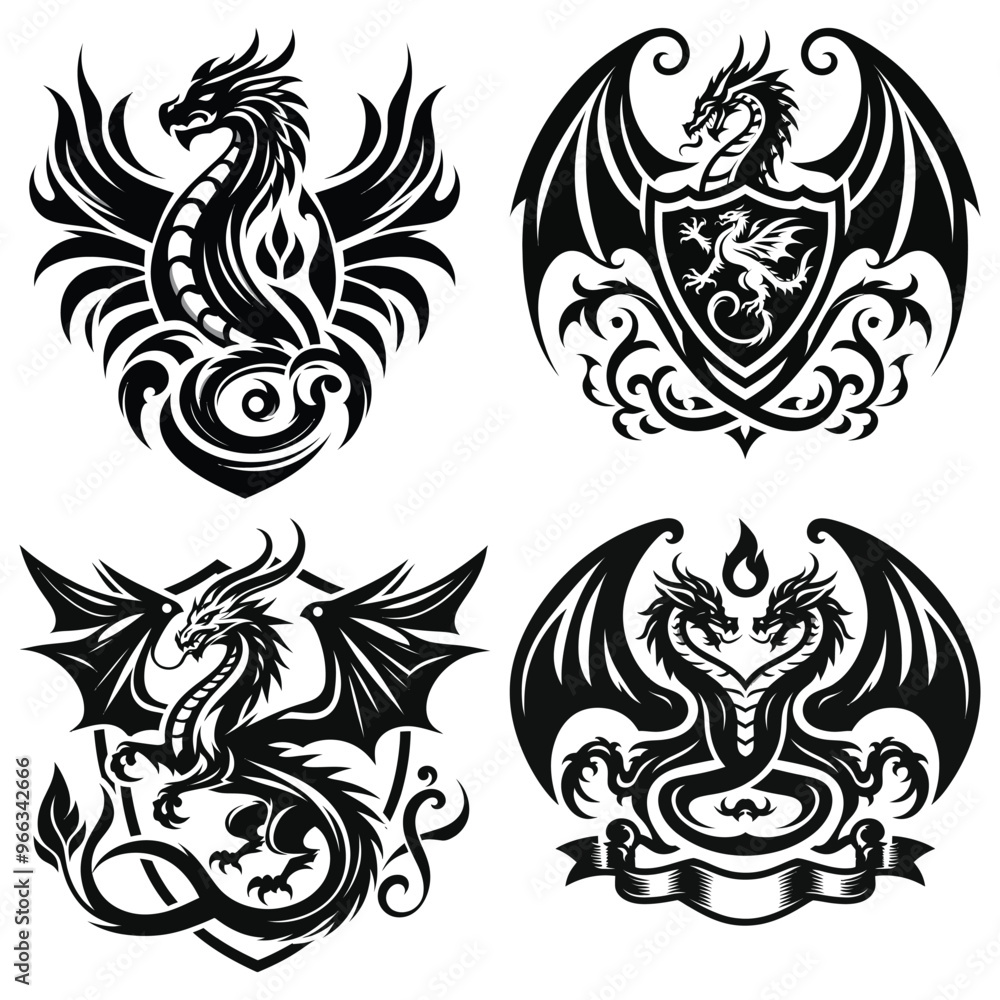 Dragon emblem vector illustrations in black and white, ideal for tattoo designs and fantasy themes Dragon emblem vector illustrations in black and white, ideal for tattoo designs and fantasy themes