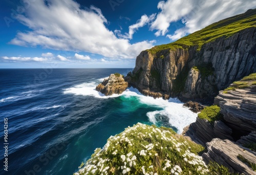 vibrant coastal cliffs crashing waves under sunny skies creating breathtaking seascape view, beach, coastline, ocean, shore, surf, water, horizon, sky