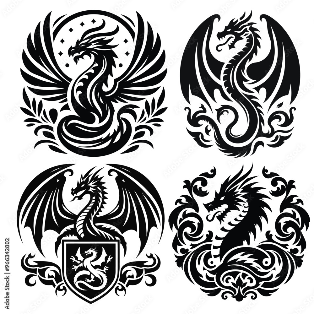Fototapeta premium Set of dragon illustrations vector art, black and white, symbolizing power and mythology