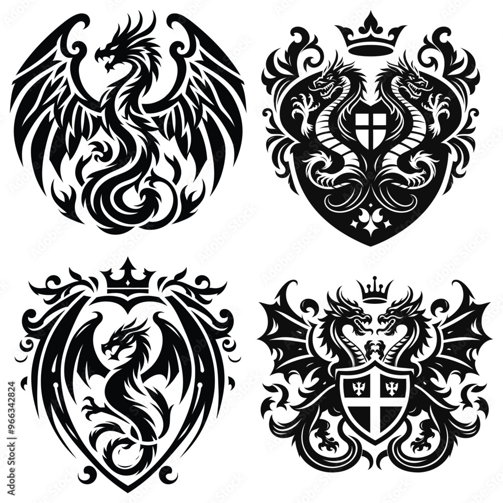 Obraz premium Heraldic dragon emblems and shields, black and white vector illustration, ideal for tattoo designs