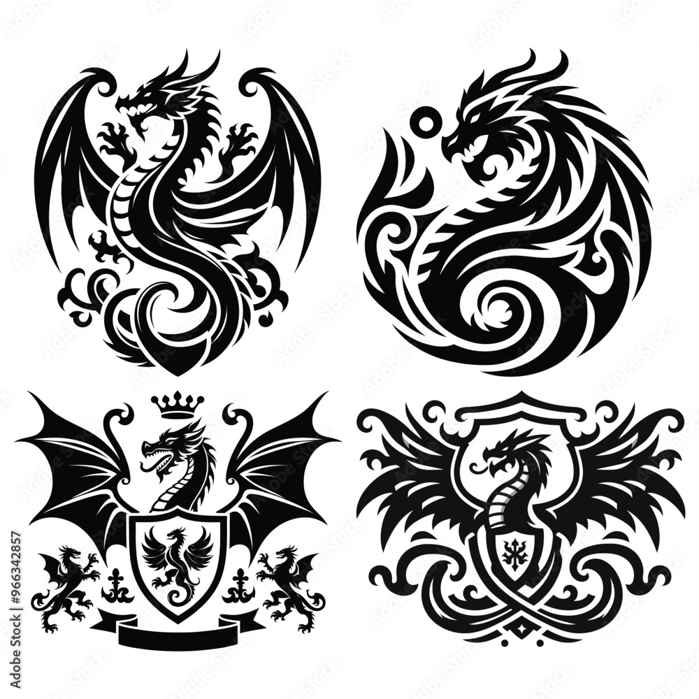 Black and white dragon vector designs, intricate styles, perfect for tattoos or heraldry Black and white dragon vector designs, intricate styles, perfect for tattoos or heraldry