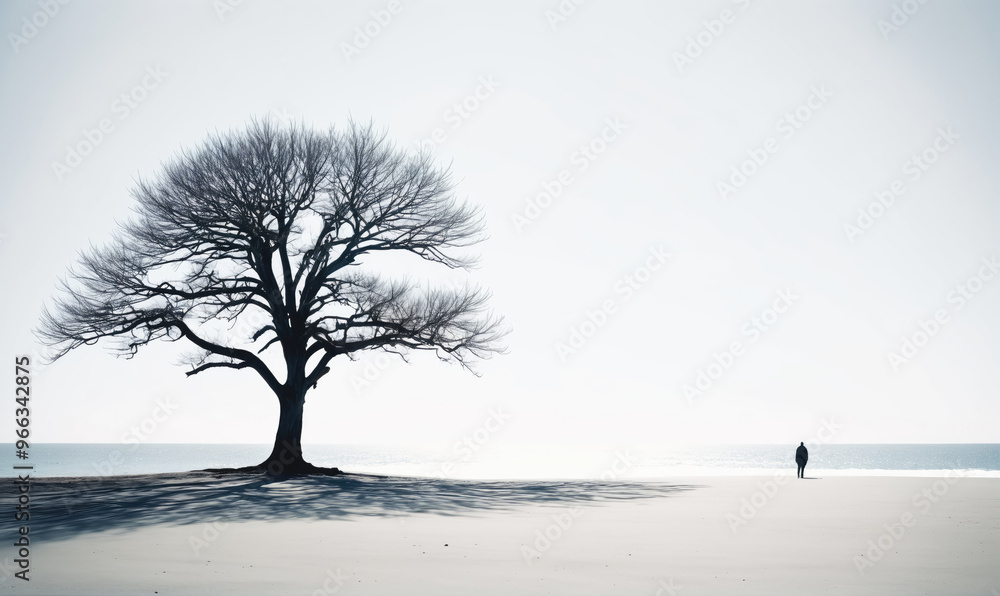 Fototapeta premium A lone figure walks along a sandy beach toward the water, with a bare tree standing in the foreground