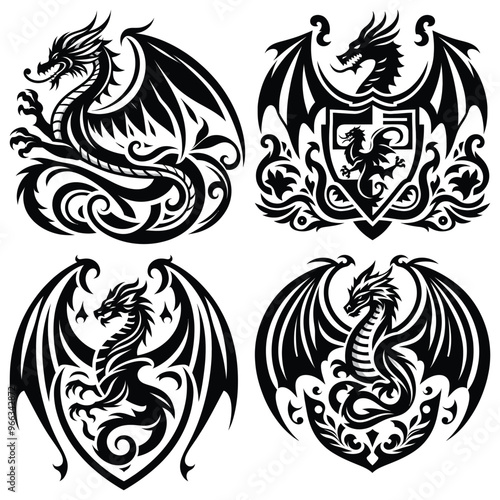 Black and white dragon heraldic symbols vector, isolated on white background, perfect for tattoos